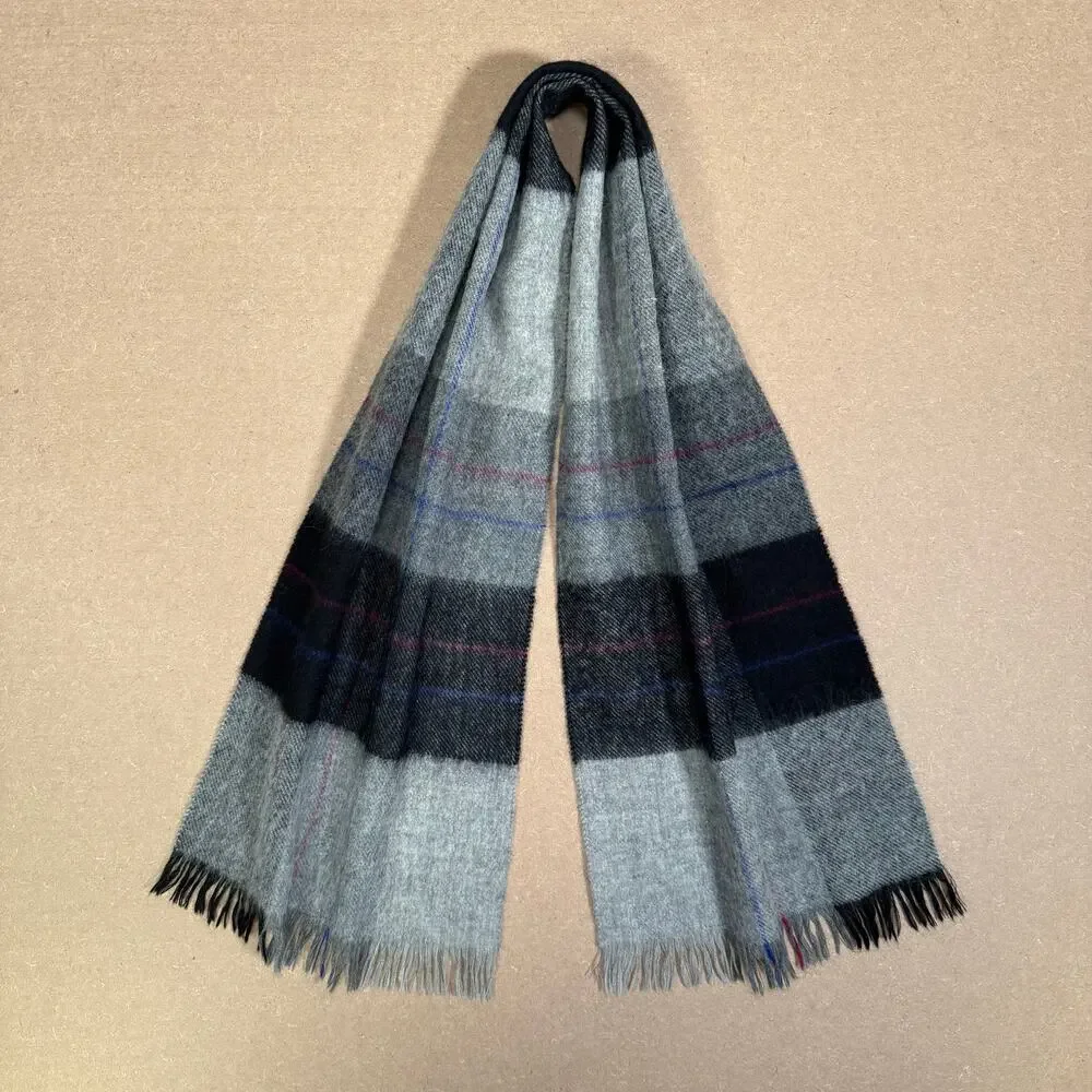 Vintage Scottish Plaid Lambs Wool Scarf Gray Black Made in Scotland Fringe